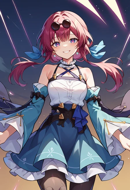 score_9, score_7_up, source_anime, solo, come hither, smile, cowboy shot, BREAK <lora:clamKafkaPDXL:1> clamKafka, eyewear on head,, hair ribbon, frilled choker, criss-cross halter, sleeveless dress, high-waist skirt, backless dress, blue dress, waist blue bow, detached sleeves, frilled sleeves, wide sleeves, blue sleeves, black pantyhose, patterned legwear, pinstripe pantyhose, mary janes, layered dress,