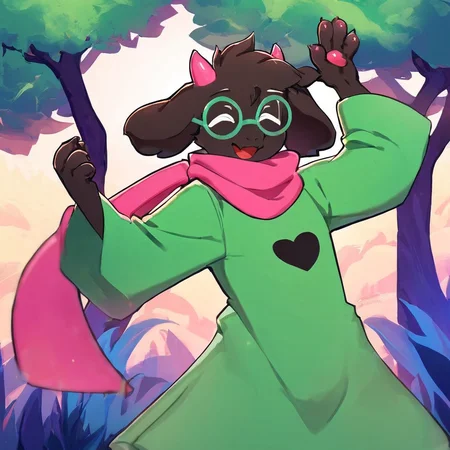 Dreamscape score_9,score_8_up,score_7_up,score_6_up,score_5_up,score_4_up, solo anthro, goat, RalseiBlack, upper body, boy, (white eyes), green robe, pink scarf, pink horns, Black fur, ((round glasses, Green glasses)), (happy, dancing), <lora:Ralsei B-W-000016:1>, forest background . Surreal, ethereal, dreamy, mysterious, fantasy, highly detailed