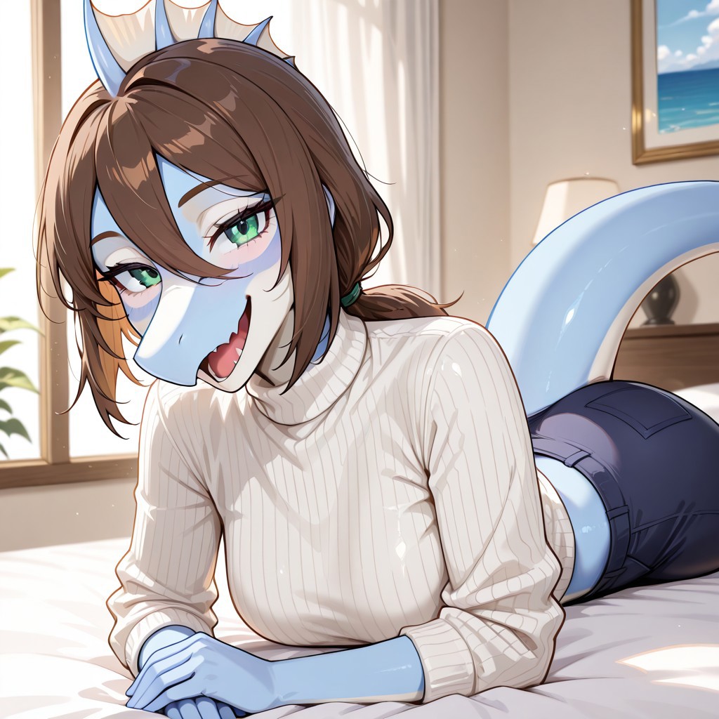 1girl, highres, absurdres, newest, masterpiece, best quality, furry, furry_female, Sophia_iwhtg, Spinosaurus girl, light blue skin, two-tone body, (white facial stripe along nasal bridge, white nose bridge, white facial markings, white stripe between the eyes:1.2), white underbelly, brown hair, head fins, low ponytail, snout, long snout, tail, green eyes, anthro, white turtleneck sweater, dark blue pants, detailed eyes, (on_stomach:1.1), open_mouth, open mouth smile, luxurious detailed room, bright room, day scene, professional lighting, white bed, solo, bedroom, smiling, seductive, looking_at_viewer, masterpiece, close up, safe