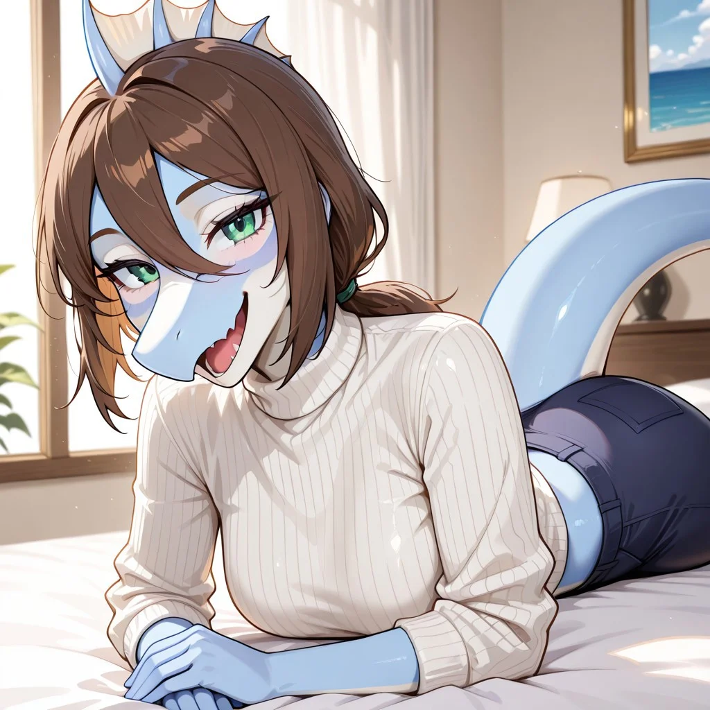 1girl, highres, absurdres, newest, masterpiece, best quality, furry, furry_female, Sophia_iwhtg, Spinosaurus girl, light blue skin, two-tone body, (white facial stripe along nasal bridge, white nose bridge, white facial markings, white stripe between the eyes:1.2), white underbelly, brown hair, head fins, low ponytail, snout, long snout, tail, green eyes, anthro, white turtleneck sweater, dark blue pants, detailed eyes, (on_stomach:1.1), open_mouth, open mouth smile, luxurious detailed room, bright room, day scene, professional lighting, white bed, solo, bedroom, smiling, seductive, looking_at_viewer, masterpiece, close up, safe