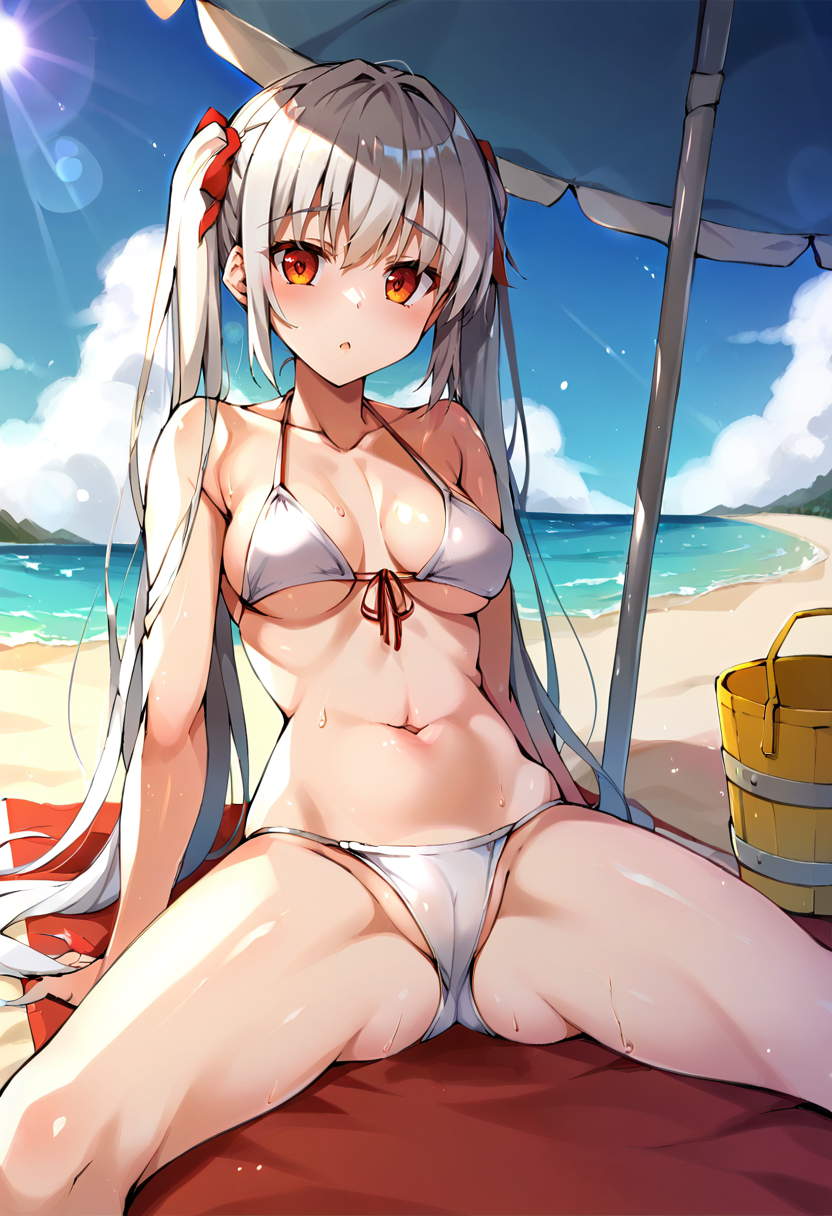 score_9, score_7_up,gradient background,
BREAK, day, outdoors, sky, beach, sand, palm tree, ocean, sunset, lens flare,
BREAK
1girl, very long hair, white hair, twintails, spread legs, bikini, medium breasts,
sitting, beach towel, beach umbrella, sand castle, bucket,
<lora:yanagi yuu-Style-PonyXL-Dora-000035:1>