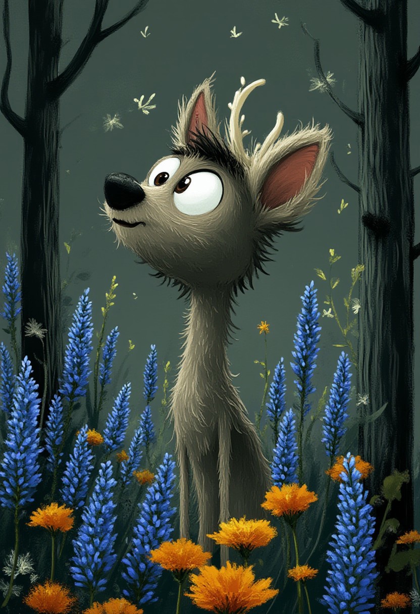 A whimsical illustration of a skinny deer with patchy fur in dark whimsical art style, standing among blue cornflowers and orange marigolds, digital painting with expressive brushstrokes showing textured fur, twilight forest background, characteristic Tim Burton inspired design with huge brown eyes and dark muzzle