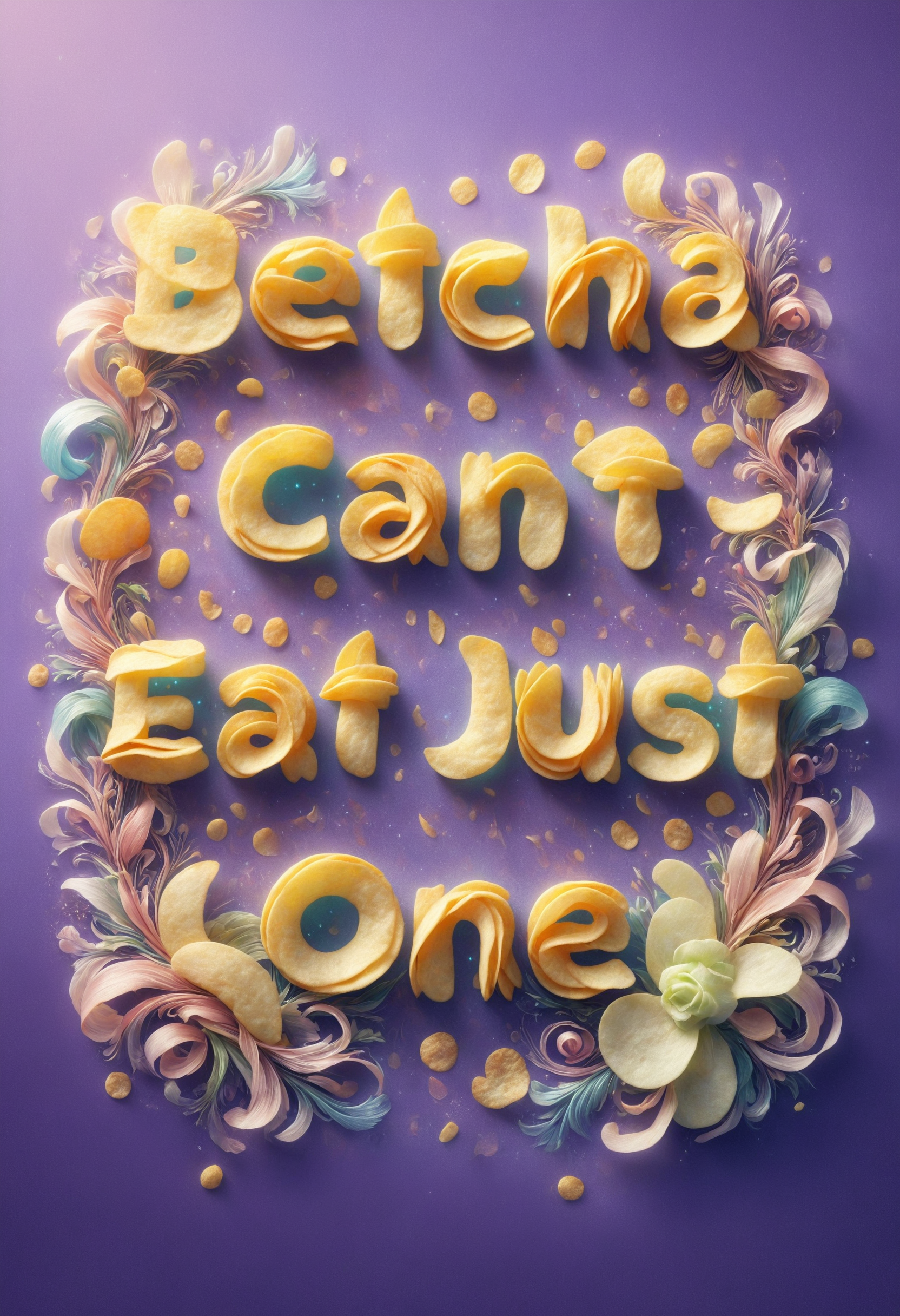 flamboyant, pastel colors, curved lines, elaborate detail, Rococo, (text "Betcha Can't Eat Just One":0.7), made out of potato chips, bright colors, surreal, cinematic, extremely detailed, incredible quality, very inspirational,, inspiring, thought, epic, perfect composition, beautiful light, clear focus, creative, positive, cheerful, unique, joyful, cute, scientific, elegant, intricate, highly colorful