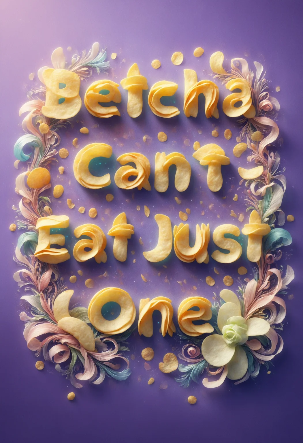 flamboyant, pastel colors, curved lines, elaborate detail, Rococo, (text "Betcha Can't Eat Just One":0.7), made out of potato chips, bright colors, surreal, cinematic, extremely detailed, incredible quality, very inspirational,, inspiring, thought, epic, perfect composition, beautiful light, clear focus, creative, positive, cheerful, unique, joyful, cute, scientific, elegant, intricate, highly colorful