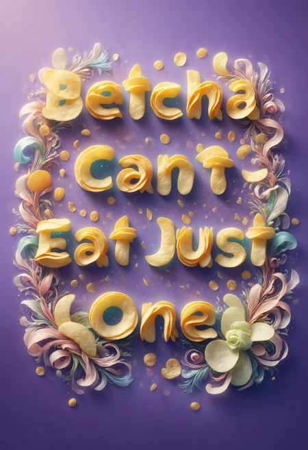 flamboyant, pastel colors, curved lines, elaborate detail, Rococo, (text "Betcha Can't Eat Just One":0.7), made out of potato chips, bright colors, surreal, cinematic, extremely detailed, incredible quality, very inspirational,, inspiring, thought, epic, perfect composition, beautiful light, clear focus, creative, positive, cheerful, unique, joyful, cute, scientific, elegant, intricate, highly colorful
