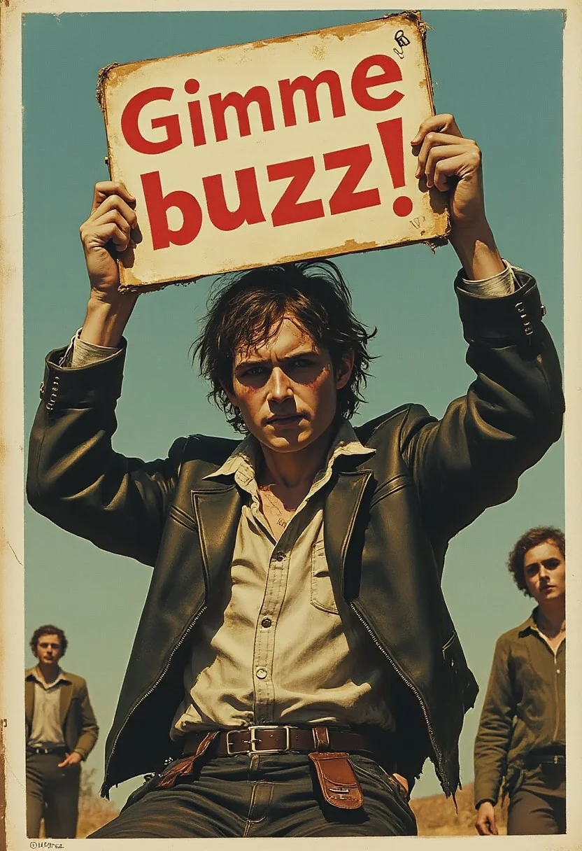 A page from a vintage revolutionary underground art magazine, surreal, provocative, a starving artist holds a sign reading "Gimme buzz" "anyway"