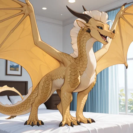 1girl, highres, absurdres, newest, masterpiece, best quality, furry, furry_female, Sandwing_wof, yellow scales, dragon, scales, horns, claws, wings, tail, Blaze_wof, white back mane, earring, barbed tail tip, (black sclera, black eyes, black pupils), (barbed tail tip, sharp tail tip), (quadruped, feral:1.3), detailed eyes, (standing, spread wings) open_mouth, open mouth smile, luxurious detailed room, bright room, day scene, professional lighting, white bed, solo, bedroom, smiling, seductive, looking_at_viewer, masterpiece, close up, safe