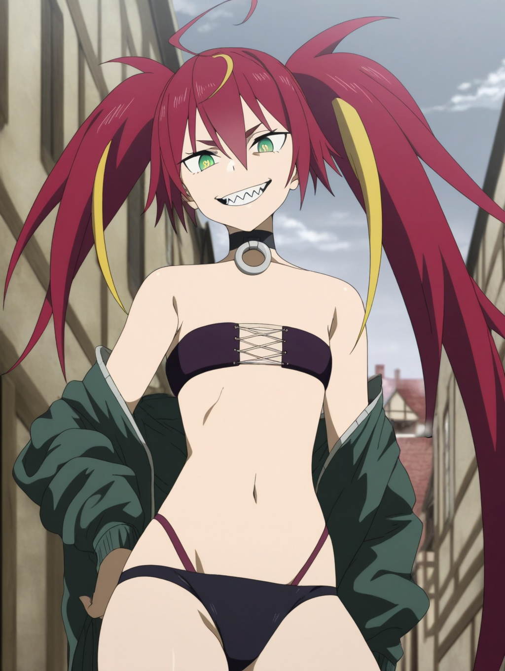 masterpiece, best quality, amazing quality, intricate detail, detailed, anime coloring, 
<lora:Misarisa_FullDive:1>, Mizarisa_LW, Full_dive_style, red hair, green eyes, twintails, long hair, multicolored hair, blonde hair, choker, ahoge,
1girl, solo, bare shoulders, green jacket, underwear, navel, thighs, grin, sharp teeth, looking at viewer, evil smile, 
day, outdoors, town