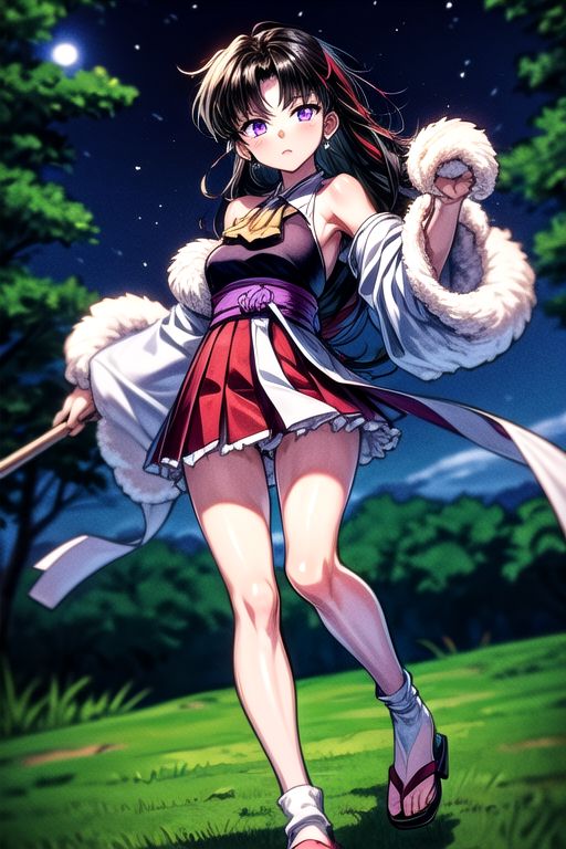 masterpiece,  best quality 1girl Setsun4 solo long hair,  (night time) forest background black hair very long hair purple eyes multicolored hair armor (fur trim) (medium body),<lora:EMS-179-EMS:0.800000>,<lora:EMS-293862-EMS:0.800000>ascot, bare shoulders, black footwear, detached sleeves, embellished costume, frills, japanese clothes, nontraditional miko, red skirt, sandals, sarashi, skirt, socks, white sleeves, white socks, wide sleeves, yellow ascot, zouri, armor, miko