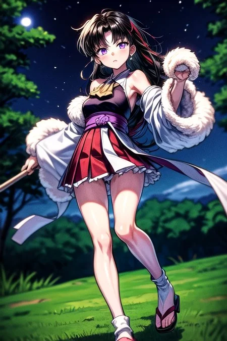 masterpiece, best quality 1girl Setsun4 solo long hair, (night time) forest background black hair very long hair purple eyes multicolored hair armor (fur trim) (medium body),<lora:EMS-179-EMS:0.800000>,<lora:EMS-293862-EMS:0.800000>ascot, bare shoulders, black footwear, detached sleeves, embellished costume, frills, japanese clothes, nontraditional miko, red skirt, sandals, sarashi, skirt, socks, white sleeves, white socks, wide sleeves, yellow ascot, zouri, armor, miko