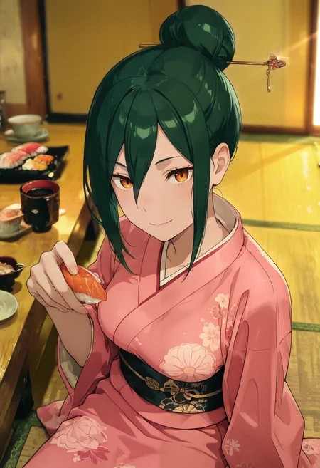 1girl,solo,cruschkarsten, green hair, single hair bun, hair stick, bangs, hair between eyes, (orange eyes:1.2), medium breasts, pink kimono, floral print, smile, nigirizushi, food, Holding sushi in one hand, indoors, sitting on floor, table, omakase, sushi plate, cup, soy sauce, saucer, dutch angle, depth of field, dynamic angle, from above, masterpiece, best quality, amazing quality, very aesthetic, absurdres, (scenery, volumetric lighting), in the style of cksc