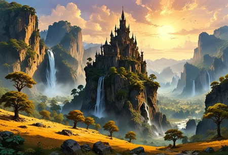 Spires of rock rise through thick cloud with small clumps of trees sat on the top. The spires tower over the scene and have little houses and meadows sitting within cracks in the rock. Waterfalls dot the spire's surface. This vertical landscape is teeming with birds and other wildlife. ((Highest quality:1.0),(High resolution:1.0), (masterpiece:1.0), (ground level view:0.6, viewer looking up:0.6), beautiful and aesthetic:1.3), extreme detailed, colorful, highest detailed,((ultra-detailed)),(highly detailed CG illustration), ((sunset, orange tones, forest, sun,)),,