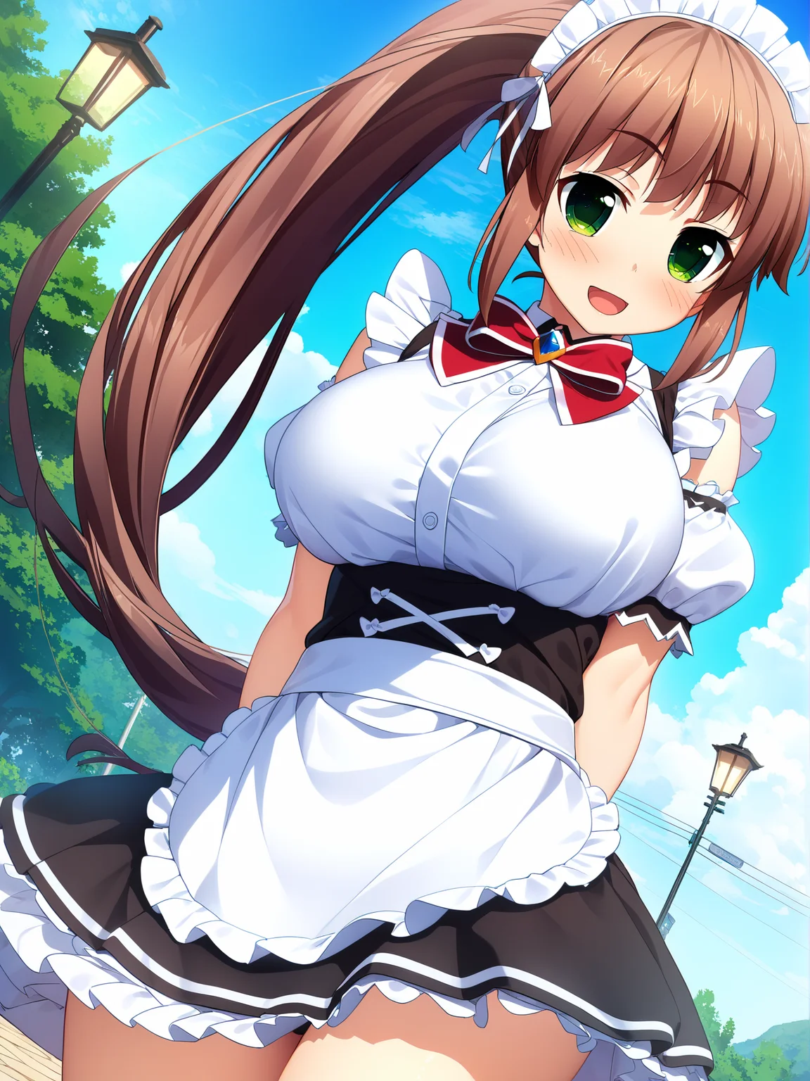 masterpiece, best quality, high quality, aesthetic, absurdres, insanely detailed,
1girl, maid, green eyes, brown hair, ponytail, maid headdress, dutch angle, apron, outdoors, open mouth, blush, day, arms behind back, large breasts, smile, long hair, tree, lamppost, ribbon, sky, looking at viewer, brooch,
<lora:itolife-style-xl_v1.0:1>