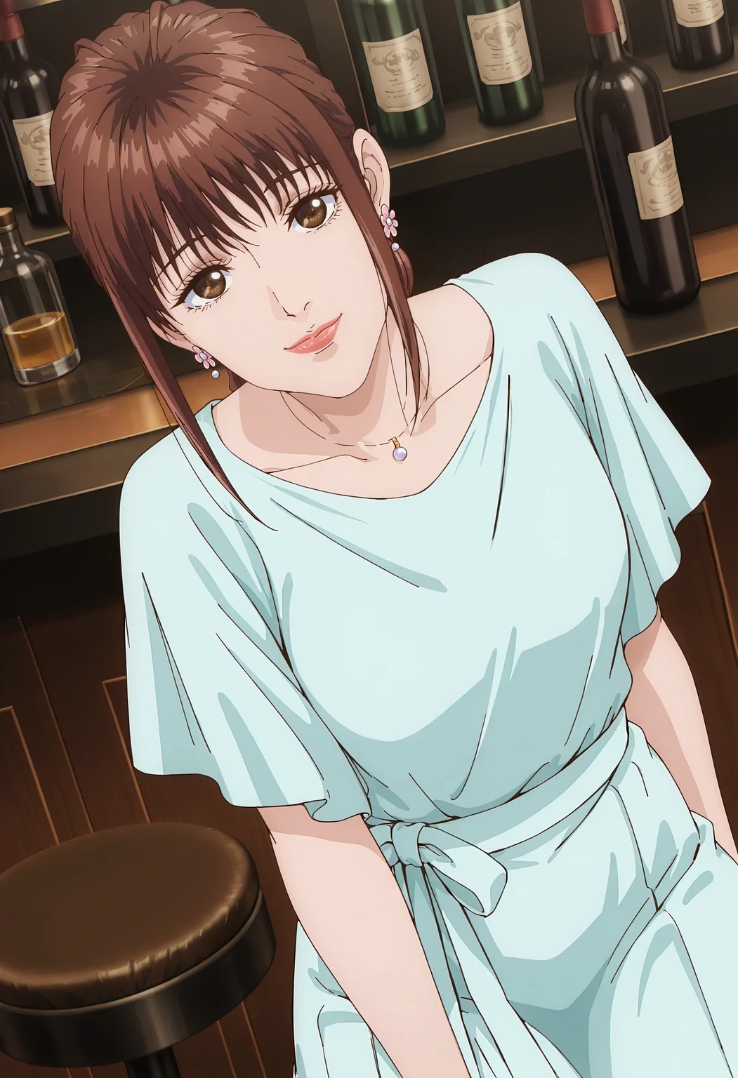 best quality, amazing quality, perfect quality, high quality, masterpiece, absolutely eye-catching BREAK
<lora:Trillion_Game_-_Momose:1> TrillionMomose, brown eyes, brown hair, long hair, ponytail, sidelocks, choppy bangs, lipstick BREAK
aqua dress, flower earrings, pendant BREAK
indoors, bar_\(place\), red patterned wallpaper, stool, bottles BREAK
1girl, solo, light smile, looking at viewer, head tilt, pov, from above, dutch angle, cowboy shot