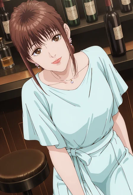 best quality, amazing quality, perfect quality, high quality, masterpiece, absolutely eye-catching BREAK
<lora:Trillion_Game_-_Momose:1> TrillionMomose, brown eyes, brown hair, long hair, ponytail, sidelocks, choppy bangs, lipstick BREAK
aqua dress, flower earrings, pendant BREAK
indoors, bar_\(place\), red patterned wallpaper, stool, bottles BREAK
1girl, solo, light smile, looking at viewer, head tilt, pov, from above, dutch angle, cowboy shot