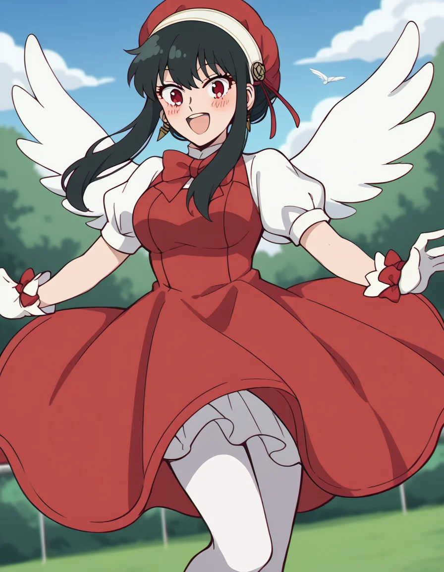 score_9, score_8_up, score_7_up, source_anime, yorbriar, <lora:yor-briar-s1-ponyxl-lora-nochekaiser:1>, yor briar, black hair, red eyes, earrings, white hairband, hairband, long hair, sidelocks, medium breasts,, <lora:sakura-kinomoto-cosplay-ponyxl-lora-nochekaiser:1>, sakurakinomotocosplay, kinomoto sakura \(cosplay\), bow, bowtie, dress, gloves, hat, magical girl, pantyhose, petticoat, ppuffy short sleeves, puffy sleeves, red bow, red bowtie, red dress, red hat, short sleeves, white gloves, white pantyhose, white wings, wings,, outdoors, open mouth, blush, smile, flying,, cowboy shot, dutch angle, solo,