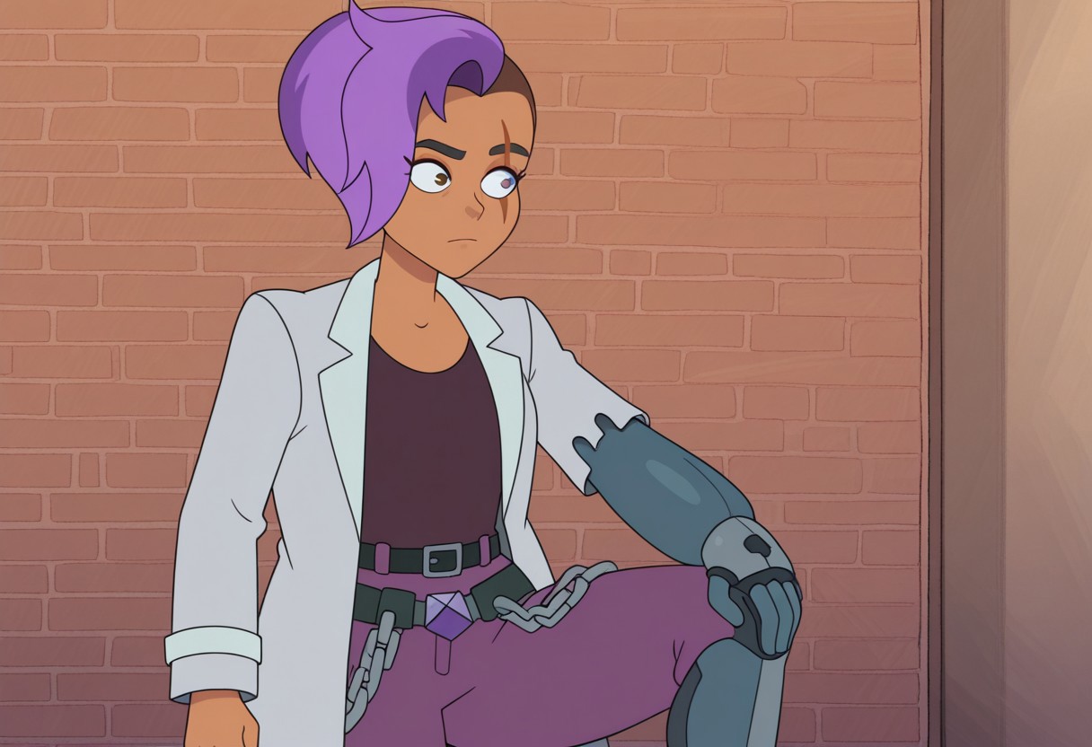 score_9_up, score_8_up, masterpiece,amazing quality,best quality,ultra-detailed,8K,illustration, amazing quality,easynegative, score_7_up, the professor, 1girl, purple hair, labcoat, solo, scar, dark-skinned female, belt, short hair,, scar on face,prosthesis, multicolored hair,two-tone hair,single mechanical arm ,single mechanical leg, pants