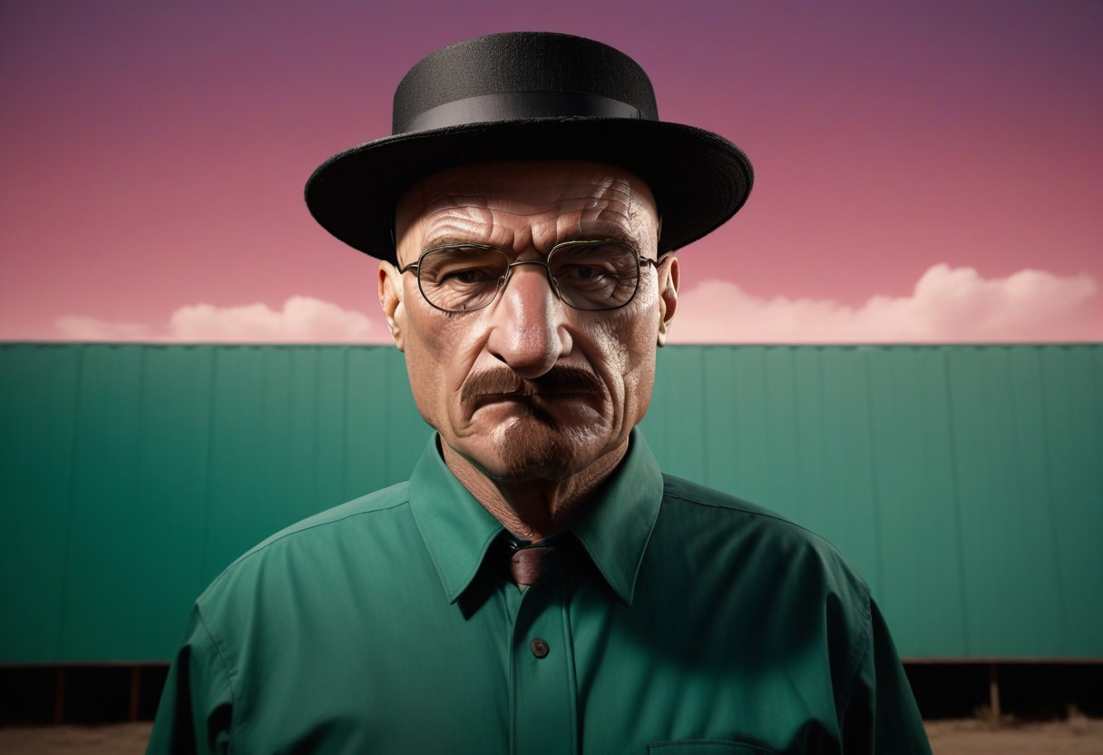 cinematic film still, saturated colors,  negative space, 
1 adult man, 
(breaking bad style), 
face of Walter White, 
 hat, moustache sunshades, 
realmcvillager, bald head, humanoid, bald head, unibrow, big nose,
leading lines, 
backdrop is CityBG_SDXL