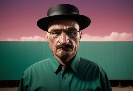cinematic film still, saturated colors, negative space,
1 adult man,
(breaking bad style),
face of Walter White,
hat, moustache sunshades,
realmcvillager, bald head, humanoid, bald head, unibrow, big nose,
leading lines,
backdrop is CityBG_SDXL