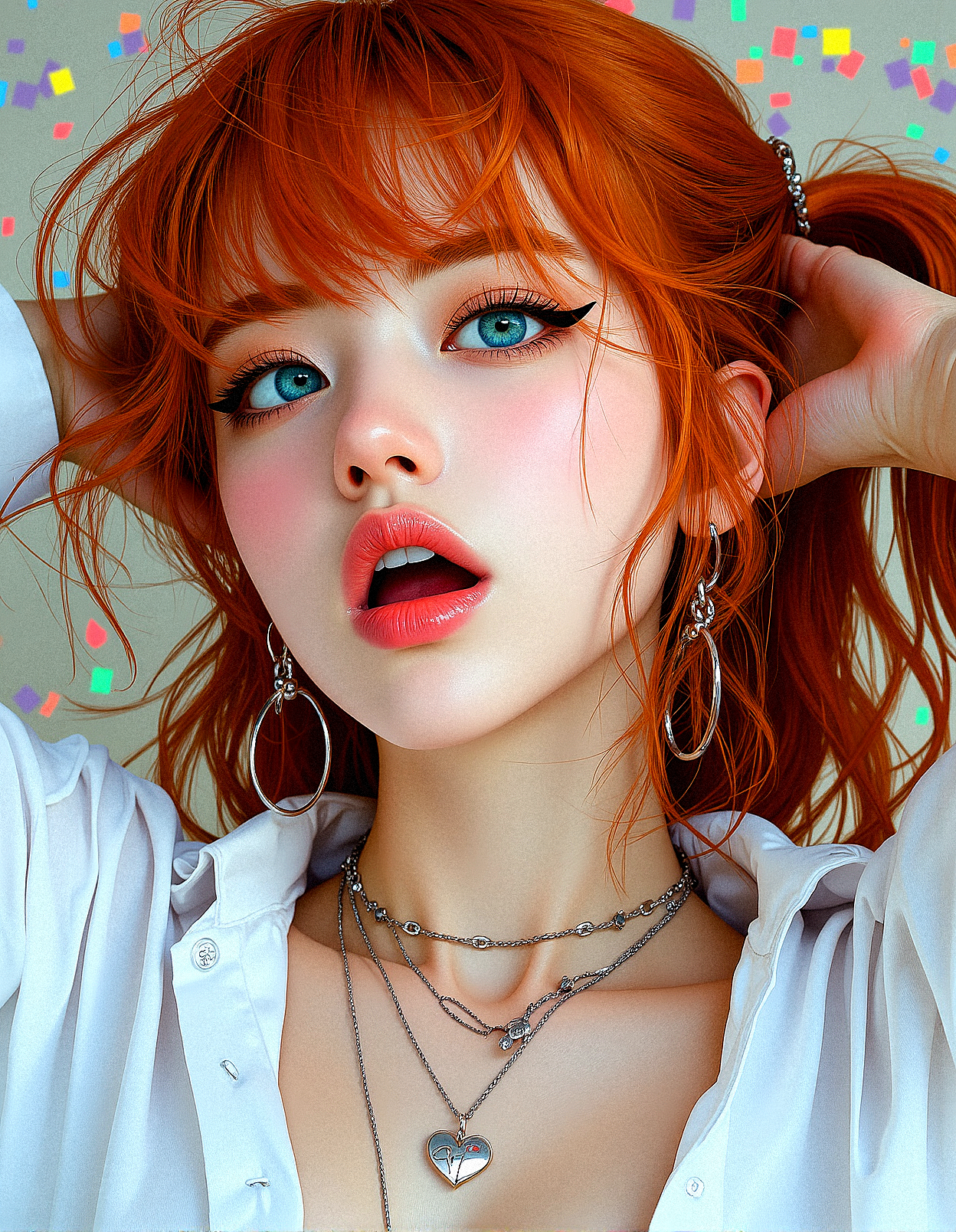 An upper body image of a beautiful young lady with curly orange hair, hair over one eye,  aqua eyes, and bold eyeliner. She has thick eyebrows and long eyelashes, long fingernails,  and her lips are shiny and full. She wears an amulet heart, rimless eyewear,  and a helix piercing. The extreme realism focuses on her detailed skin, showing fine textures and natural highlights.

The background is Tiny, colorful squares forming a pixelated, digital mosaic pattern.

Her outfit are Oversized button-up shirt dress

Subtle skin pores and natural texture on the face and neck, Realistic light reflections on the surface of the eyes, Slightly raised veins visible under the skin on the neck, Subtle veins visible on the eyelids under certain lighting, Realistic reflection of light on the glossy lips, following their curvature, Soft reflections on the necklace, enhancing its metallic look

Holding both hands behind her head, making bunny ears with her fingers, with a crazy laugh, 













 









































