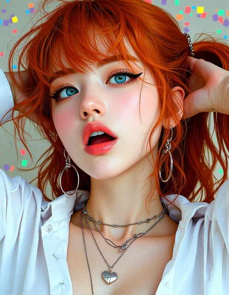 An upper body image of a beautiful young lady with curly orange hair, hair over one eye, aqua eyes, and bold eyeliner. She has thick eyebrows and long eyelashes, long fingernails, and her lips are shiny and full. She wears an amulet heart, rimless eyewear, and a helix piercing. The extreme realism focuses on her detailed skin, showing fine textures and natural highlights.
The background is Tiny, colorful squares forming a pixelated, digital mosaic pattern.
Her outfit are Oversized button-up shirt dress
Subtle skin pores and natural texture on the face and neck, Realistic light reflections on the surface of the eyes, Slightly raised veins visible under the skin on the neck, Subtle veins visible on the eyelids under certain lighting, Realistic reflection of light on the glossy lips, following their curvature, Soft reflections on the necklace, enhancing its metallic look
Holding both hands behind her head, making bunny ears with her fingers, with a crazy laugh,