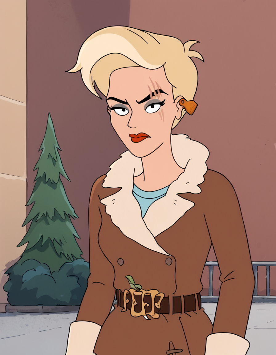 <lora:HarmonyPony1.0:1> harmony, 1girl, short hair,blonde hair, blue shirt, solo, scar across eye, makeup, ear tag, black eyes, coat, red lips, belt, lipstick,outdoors,  score_9, score_8_up, score_7_up, score_6_up, score_5_up, score_4_up, looking at viewer, cowboy shot