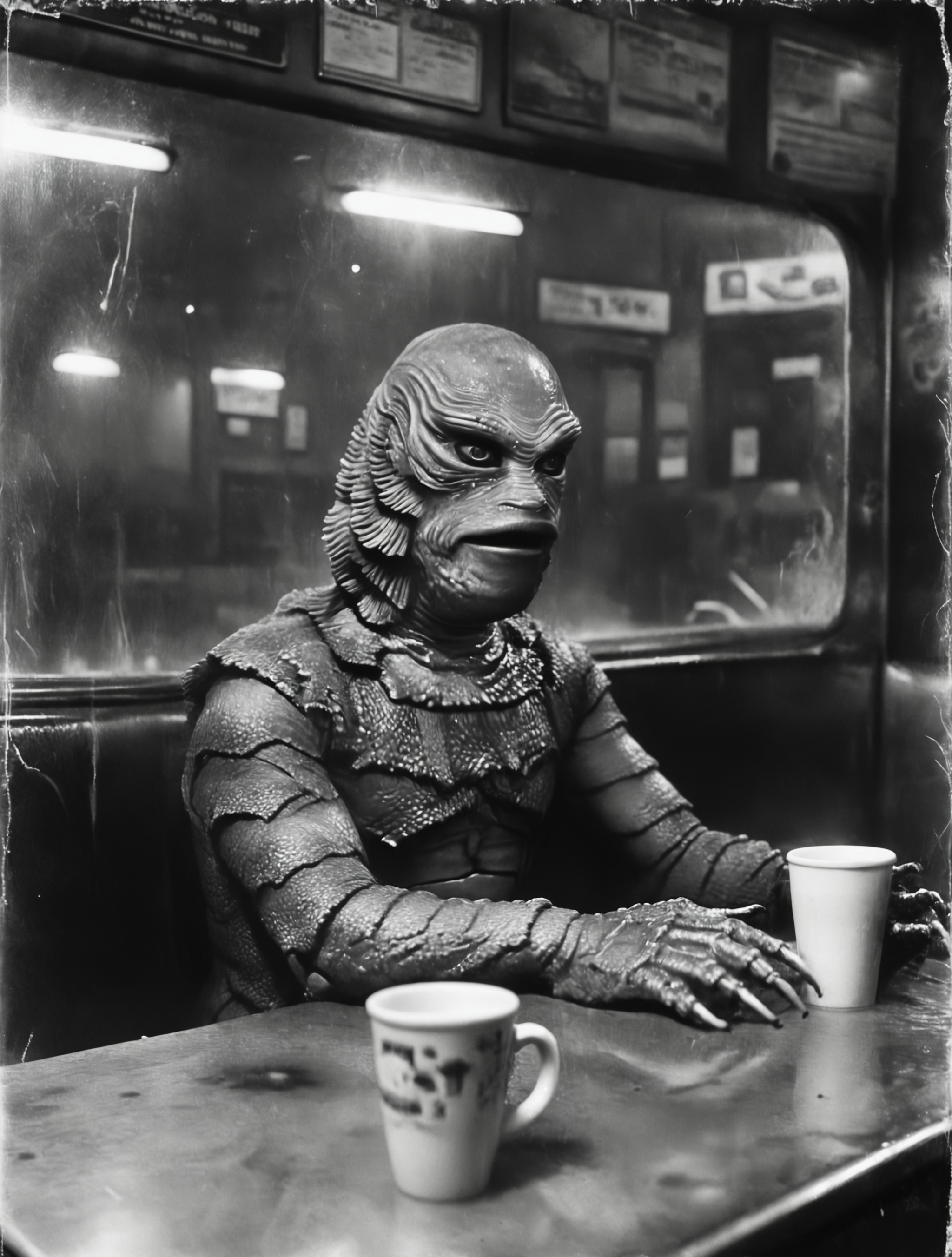 Gill_man sitting in a new york city diner at night, cinematic, dramatic, damaged film, black and white, cup of coffee, Creature from the Black Lagoon, <lora:Vintage_Street_Photo:0.8>, <lora:Gill-man_Retro_Swamp_Monster_SDXL:0.8>,