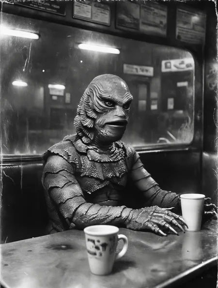 Gill_man sitting in a new york city diner at night, cinematic, dramatic, damaged film, black and white, cup of coffee, Creature from the Black Lagoon, <lora:Vintage_Street_Photo:0.8>, <lora:Gill-man_Retro_Swamp_Monster_SDXL:0.8>,