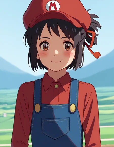 score_9, score_8_up, score_7_up, source_anime, mitsuhamiyamizu, <lora:mitsuha-miyamizu-ponyxl-lora-nochekaiser:1>, mitsuha miyamizu, black hair, brown eyes, short hair, ribbon, hair bun, hair ribbon, red ribbon,, <lora:mario-cosplay-ponyxl-lora-nochekaiser:1>, mariocosplay, mario \(cosplay\), blue overalls, overalls, shirt, red shirt, long sleeves, collared shirt, hat, red hat,, landscape, blush, smile,, cowboy shot, dutch angle, solo,
