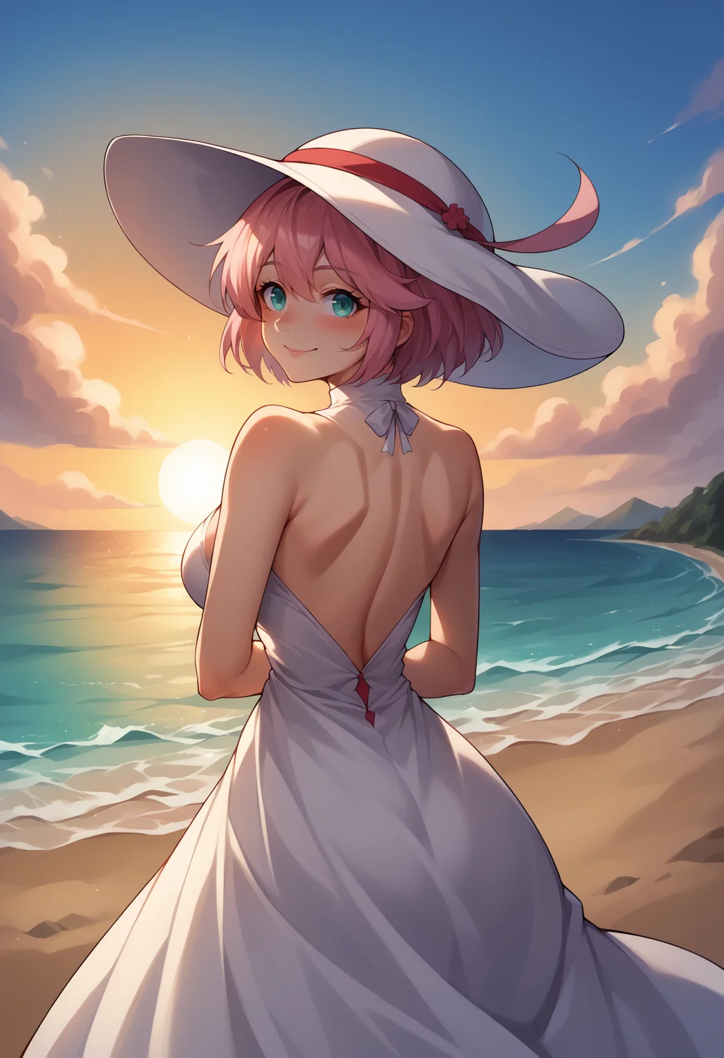 score_9, score_8_up,score_7_up, source_anime, 1girl, solo, <lora:EPggElphelt:1.0>, EPggElphelt, 1girl, aqua eyes, pink hair, short hair, hair between eyes, ahoge, large breasts, smile, from behind, white dress, looking back, blush, arms behind back, bare shoulders, female focus, looking at viewer, hat, back, dress, sundress, outdoors, sun hat, sky, sunset, ocean, reflective water,
