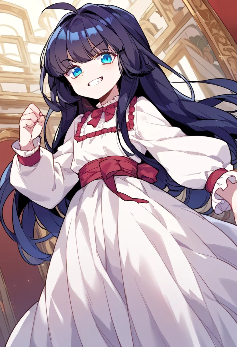 score_9,score_8_up,score_7_up,source_anime,zPDXL3,
*//*,<lora:BlancheFreidkin_v1.1:1>,blanche_freidkin1girl,flat chest,blue eyes,black hair,long hair,hair intakes,ahoge,white dress,
*//*,looking at viewer,cowboy shot,dutch angle,dynamic pose,grin,