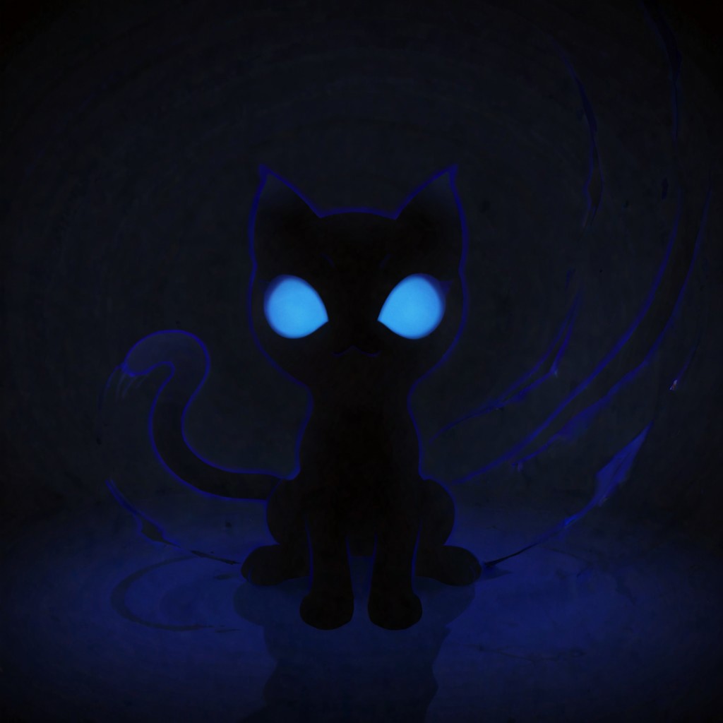 shadow_cat, shadow energy, blue sclera, no pupils, looking at viewer, sitting on haunches