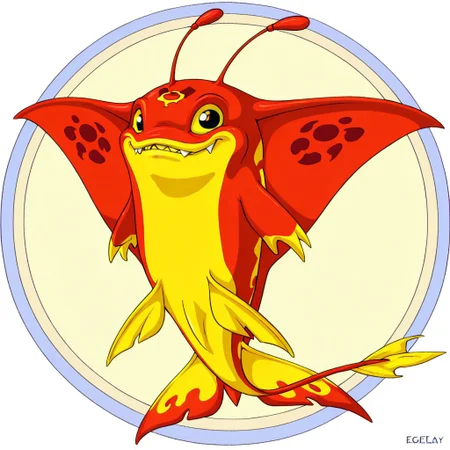 Neopets, circle background, solo
cool red manta ray in the style of neopets, sea ray, stringray, eagleray, manta,
yellow fins, yellow underbelly, sharp eyes, no nose, long tail, antennae 