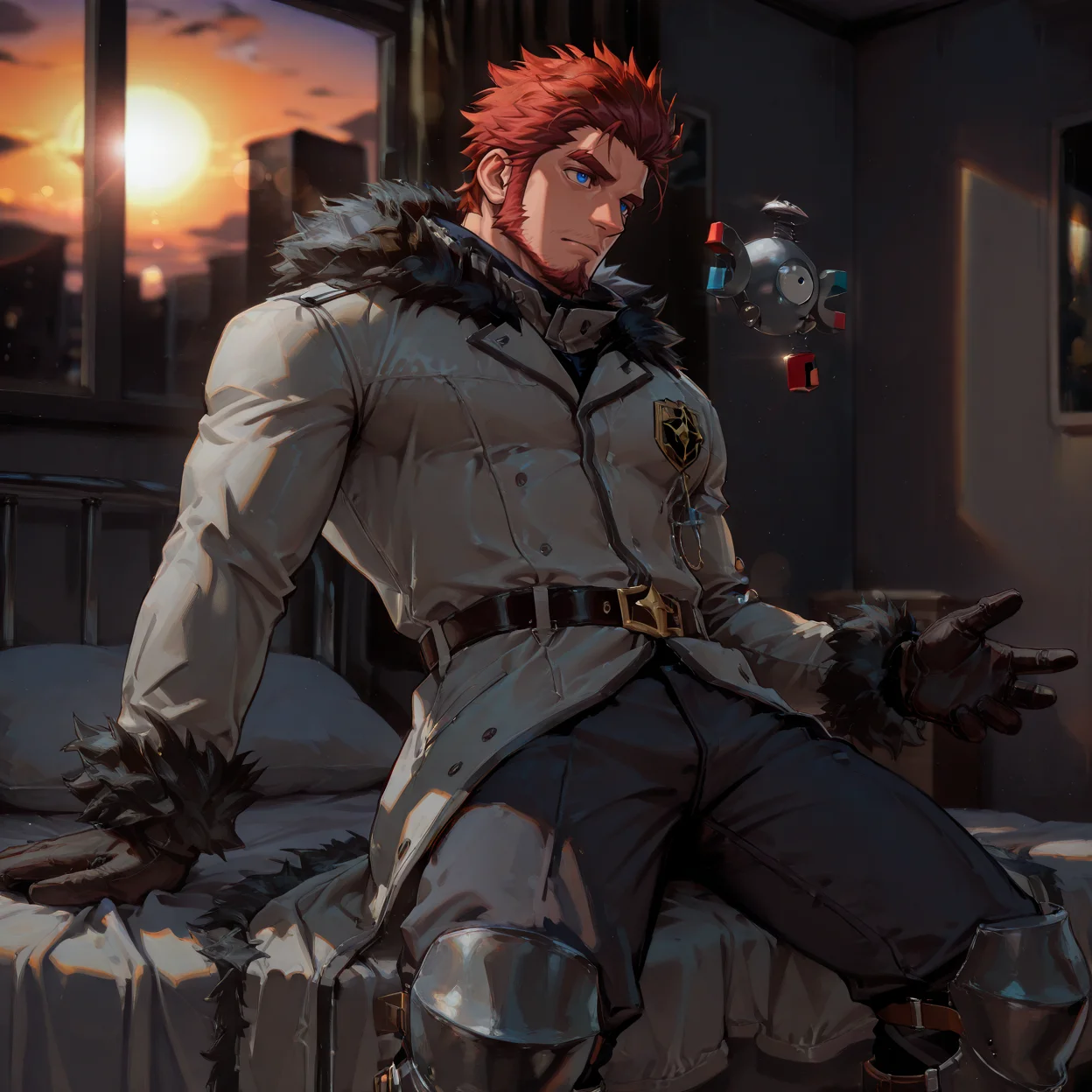 <lora:face_Zeke_Alchemist_Code-000003:.8> tagatamezeke, 1boy, red hair, slicked back, sideburns, spiked hair, blue eyes, solo, male focus, manly, muscle body, bara, mature male, coat, fur trim, emblem, belt, boots, pants, armor, gloves, lying on the bed, sunset, window, lens flare,
<lora:MagnemitePokedex_IXL:.8> zzMgnmt,
(very short hair, beard, bara, mature, facial hair, stubble, beard, full beard, sideburn, beard, a lot of beard, ), facial hair,male focus, muscular male, muscular male, bara, mature, bara, mature, aixiwuganda_(20222192), very awa, masterpiece, best quality, absurdres, newest, perfect quality, detailed background, intricate details,
<lora:slider_Body Type_alpha1.0_rank4_noxattn_last:3><lora:Anime Summer Days 2 Style SDXL_LoRA_Pony Diffusion V6 XL:.6><lora:slider_cfg_scale_boost:.7><lora:Artist6p:.55>, Artist6p, Artist04p,<lora:slider_il_brightness_slider_d1:-1><lora:slider_il_contrast_slider_d1:-1><lora:slider_DarkSlider1.2_alpha1.0_rank16_full_300steps:-.6>