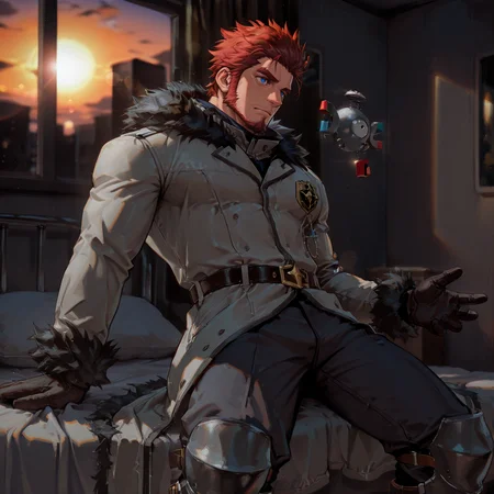 <lora:face_Zeke_Alchemist_Code-000003:.8> tagatamezeke, 1boy, red hair, slicked back, sideburns, spiked hair, blue eyes, solo, male focus, manly, muscle body, bara, mature male, coat, fur trim, emblem, belt, boots, pants, armor, gloves, lying on the bed, sunset, window, lens flare, 
<lora:MagnemitePokedex_IXL:.8> zzMgnmt,
(very short hair, beard, bara, mature, facial hair, stubble, beard, full beard, sideburn, beard, a lot of beard, ), facial hair,male focus, muscular male, muscular male, bara, mature,  bara, mature, aixiwuganda_(20222192), very awa, masterpiece, best quality, absurdres, newest, perfect quality, detailed background, intricate details,
<lora:slider_Body Type_alpha1.0_rank4_noxattn_last:3><lora:Anime Summer Days 2 Style SDXL_LoRA_Pony Diffusion V6 XL:.6><lora:slider_cfg_scale_boost:.7><lora:Artist6p:.55>, Artist6p, Artist04p,<lora:slider_il_brightness_slider_d1:-1><lora:slider_il_contrast_slider_d1:-1><lora:slider_DarkSlider1.2_alpha1.0_rank16_full_300steps:-.6>