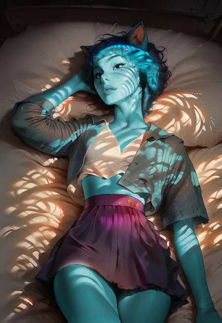 safe_pos, (score_9, score_8_up, score_7_up, score_6_up), 1girl, nicole, petite, short bobcut hair with bangs, pink hairclip, blue cat ears, black eyes, lips, perfect face, average breast, solo, blue jacket, denim jacket over white shirt, purple skirt, black half leggings,

, lying on a soft bed, relaxed, laid-back ,slightly seductive, one hand resting above her head, detailed face,

semi realistic, cinematic lightings, volumetric lighting, raytracing, shining glossy skin, soft lighting, realistic skin, blum effect, masterpiece, absolutely eye-catching, concept art, realistic, mesmerizing patterned light, creating speckled shadows that add depth to the image, high detail, 8k, (maximum resolution), (masterpiece), (extremely detailed), colorful, cinematic shot from a low angle masterpiece 30mm close up extreme realistic depiction, The lighting is soft, creating a slightly moody, intimate atmosphere, warm tones, detailed shading across body and the fabric, dutch angel,