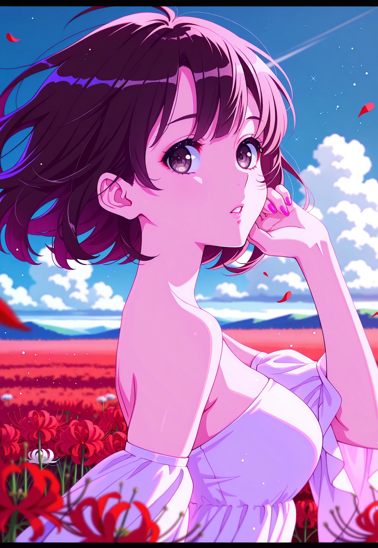 safe_pos, (mika pikazo:0.1),(quasarcake:0.1),(yoneyama mai:0.1), 1girl, katomegumi,brown hair,katou megumi,brown eyes, pupils,medium breasts,short hair, original, bare shoulders, blue sky, blurry, depth of field, field, flower, flower field, letterboxed, light particles, looking at viewer, red flower, sky, solo, spider lily, upper body, day, white flower, eyelashes, pink nails, sparkle, medium breasts, outdoors, from side, rose, detached sleeves, looking to the side, breasts, tareme, petals,wind, teeth, dress, parted lips, strapless, floating hair, strapless dress, cloud, armpits, hand up, wind lift, red theme, white dress, nail polish, ((detailed eyes))