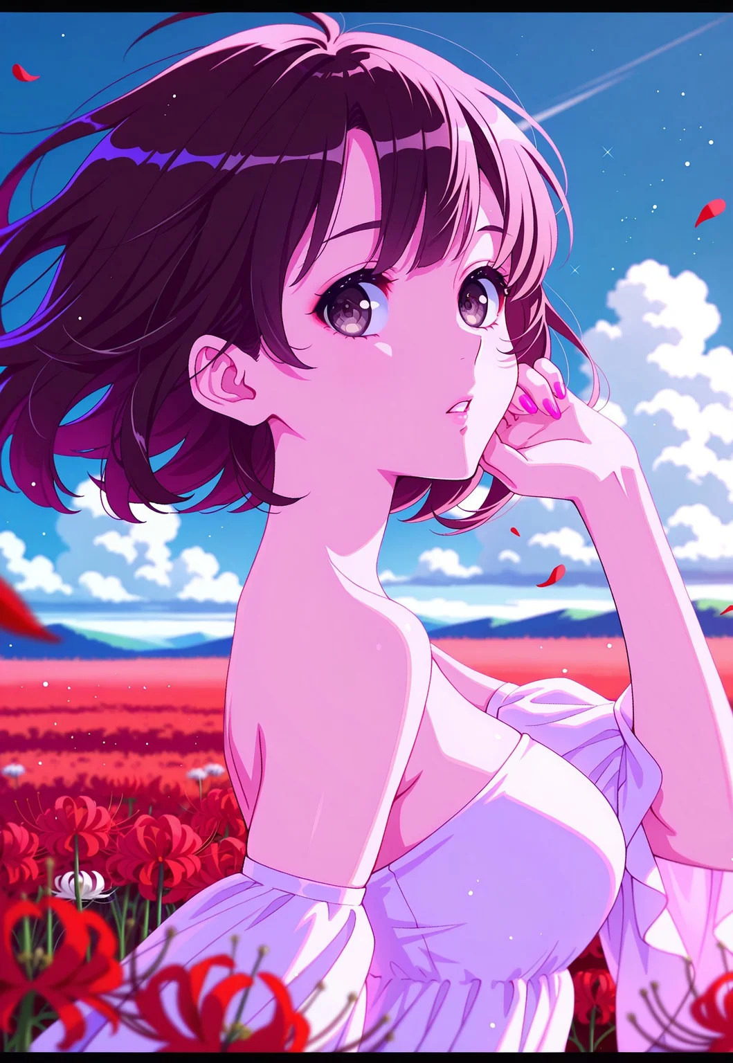 safe_pos, (mika pikazo:0.1),(quasarcake:0.1),(yoneyama mai:0.1), 1girl, katomegumi,brown hair,katou megumi,brown eyes, pupils,medium breasts,short hair, original, bare shoulders, blue sky, blurry, depth of field, field, flower, flower field, letterboxed, light particles, looking at viewer, red flower, sky, solo, spider lily, upper body, day, white flower, eyelashes, pink nails, sparkle, medium breasts, outdoors, from side, rose, detached sleeves, looking to the side, breasts, tareme, petals,wind, teeth, dress, parted lips, strapless, floating hair, strapless dress, cloud, armpits, hand up, wind lift, red theme, white dress, nail polish, ((detailed eyes))
