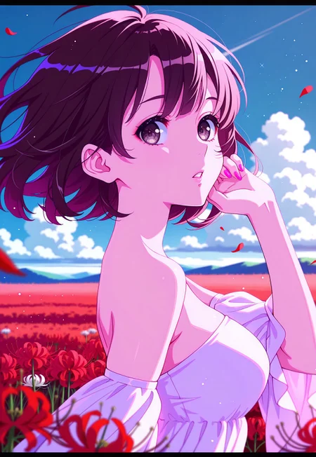safe_pos, (mika pikazo:0.1),(quasarcake:0.1),(yoneyama mai:0.1), 1girl, katomegumi,brown hair,katou megumi,brown eyes, pupils,medium breasts,short hair, original, bare shoulders, blue sky, blurry, depth of field, field, flower, flower field, letterboxed, light particles, looking at viewer, red flower, sky, solo, spider lily, upper body, day, white flower, eyelashes, pink nails, sparkle, medium breasts, outdoors, from side, rose, detached sleeves, looking to the side, breasts, tareme, petals,wind, teeth, dress, parted lips, strapless, floating hair, strapless dress, cloud, armpits, hand up, wind lift, red theme, white dress, nail polish, ((detailed eyes))