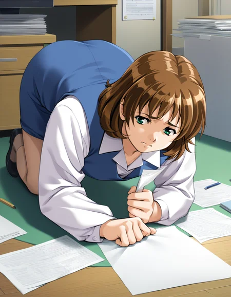 score_9, score_8_up, score_7_up, <lora:kisaku-v2-ponyxl-000010:0.85> kimisaki, blue vest, dress shirt, blue skirt
1girl, solo, all fours, picking up, looking at viewer, nervous, paper, office