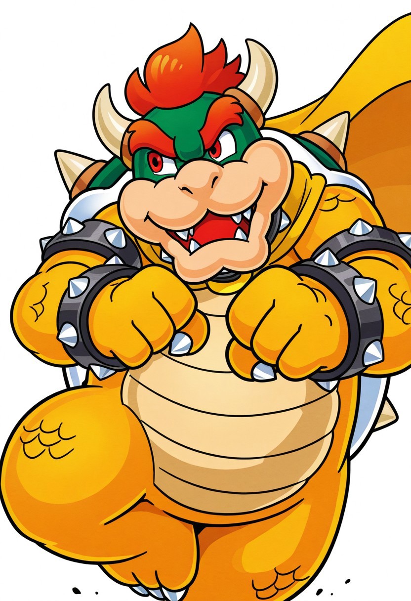 1boy, solo, male focus, 
cowboy shot, 
action pose, jumping, 
bowser, 
yellow cape, 
looking to the side, 
simple background, white background