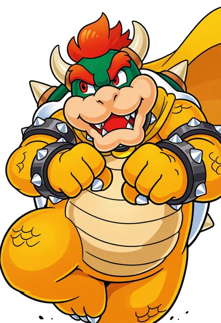 1boy, solo, male focus,
cowboy shot,
action pose, jumping,
bowser,
yellow cape,
looking to the side,
simple background, white background