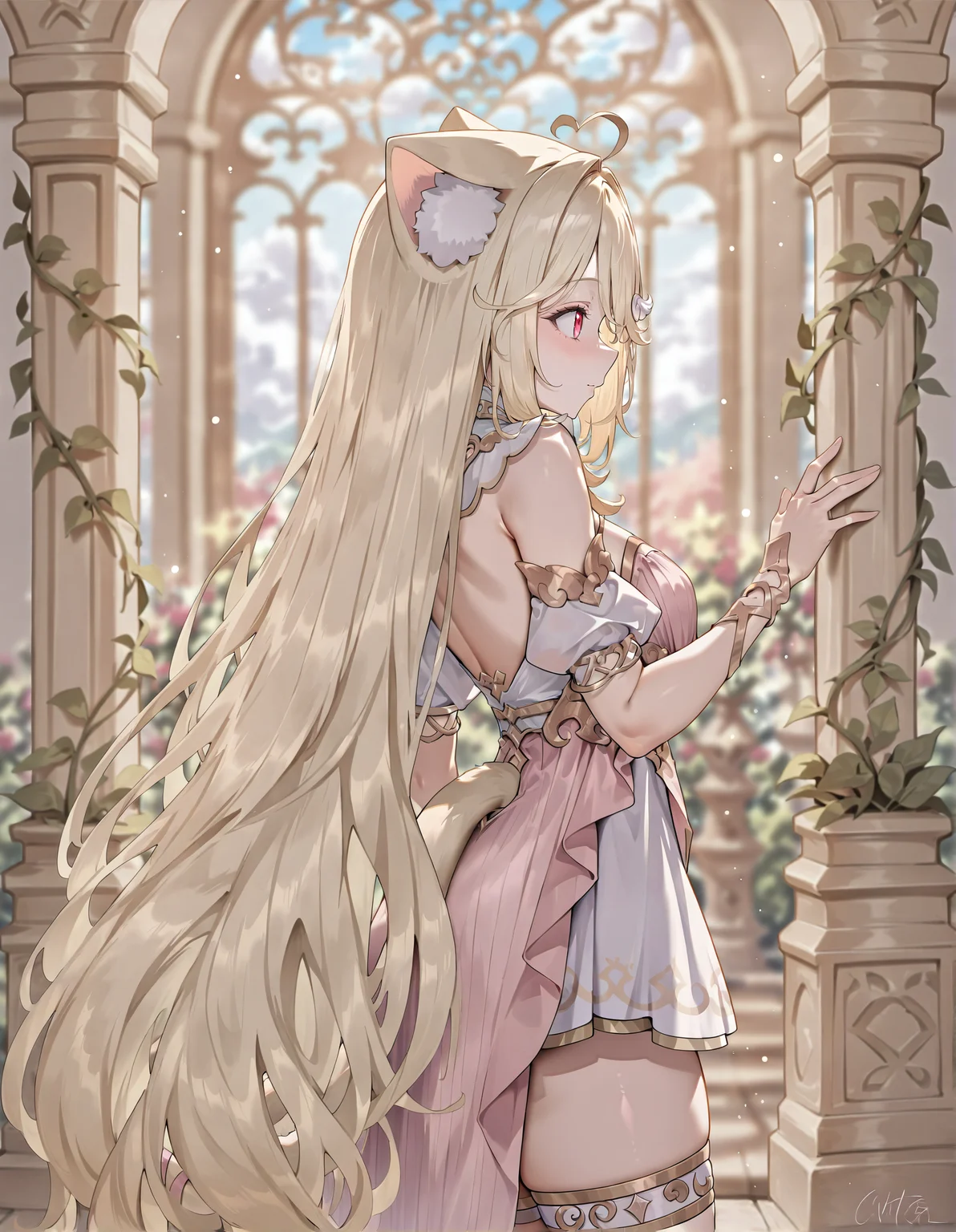 masterpiece, perfect quality, best quality, absolutely eye-catching, absurdres, highres, newest, <lora:nekomakarinillustriousXL:1>, 1girl, nekomakarinfantasy, from side,