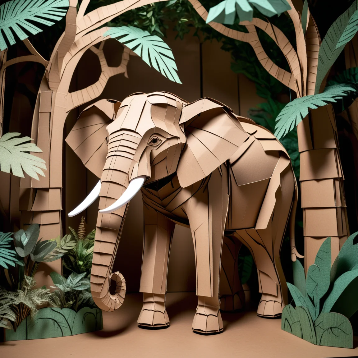 Photorealistic elephant made from cardboard boxes, intricate details, lifelike yet fantastical, detailed textures, realistic trunk and tusks crafted from corrugated cardboard, layered and three-dimensional, high contrast, natural cardboard colors, cardboard jungle background, trees and plants crafted from cardboard, ethereal lighting, whimsical and imaginative