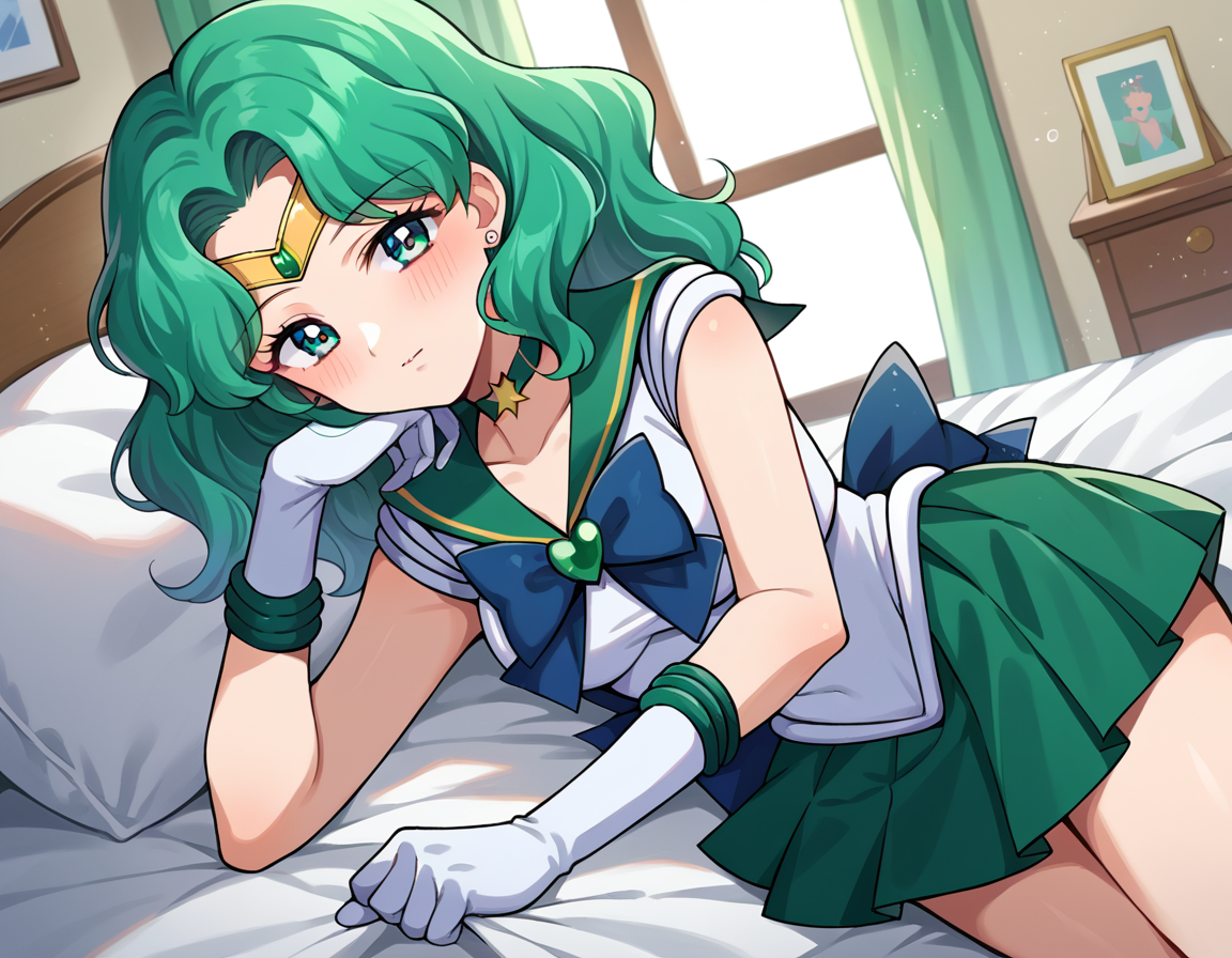 score_9, score_8_up, score_7_up, source_anime,
sailorneptune, <lora:sailor-neptune-ponyxl-lora-nochekaiser:1>
sailor neptune, green eyes, forehead jewel, green hair, medium hair, tiara,
brooch, choker, gloves, heart, heart brooch, jewelry, magical girl, sailor senshi uniform, skirt, star choker, white gloves, bow, green bow, green sailor collar, green skirt,
indoors, bed, bed room, on side, blush, drunk,
looking at viewer, cowboy shot, dutch angle,