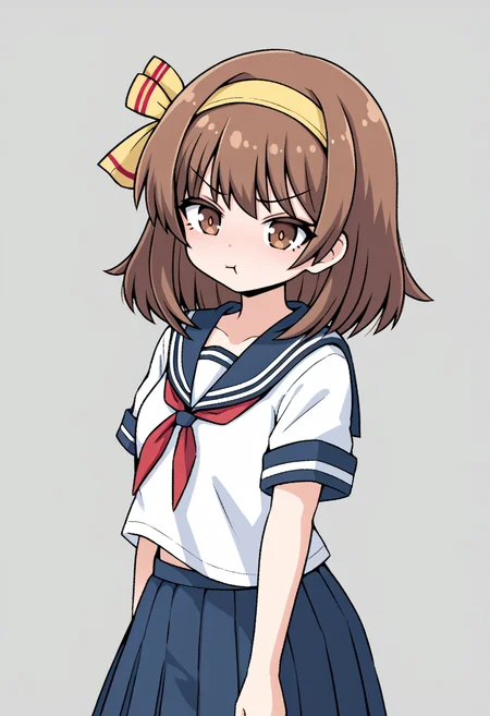 score_9, score_8_up, BREAK
haruhisuzumiya, brown eyes, brown hair, medium hair, hair ribbon, hairband, kita high school uniform, serafuku, sailor collar, white shirt, short sleeves, skirt, pout, school
<lora:InksgirlsLion2:1>