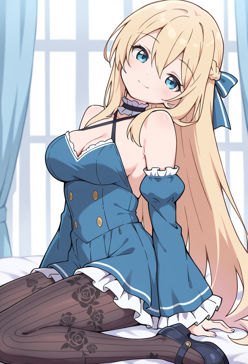 masterpiece, best quality, high quality, anime, solo,  <lora:Bubukka_IllXL:1>
 light smile, 1girl, blue eyes, very long hair, blonde hair, french braid, bangs, hair between eyes, medium breasts,, hair ribbon, frilled choker, criss-cross halter, sleeveless dress, high-waist skirt, backless dress, layered dress, blue dress, waist blue bow, detached sleeves, frilled sleeves, wide sleeves, blue sleeves, black pantyhose, patterned legwear, pinstripe pantyhose, mary janes, head tilt,