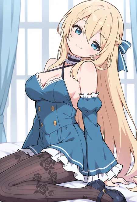 masterpiece, best quality, high quality, anime, solo, <lora:Bubukka_IllXL:1>
light smile, 1girl, blue eyes, very long hair, blonde hair, french braid, bangs, hair between eyes, medium breasts,, hair ribbon, frilled choker, criss-cross halter, sleeveless dress, high-waist skirt, backless dress, layered dress, blue dress, waist blue bow, detached sleeves, frilled sleeves, wide sleeves, blue sleeves, black pantyhose, patterned legwear, pinstripe pantyhose, mary janes, head tilt,
