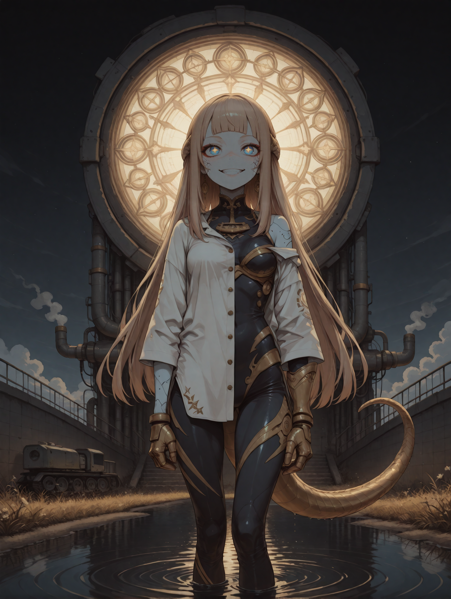 masterpiece,best quality,amazing quality,very aesthetic, mesugaki, haiz_ai, no lineart,no outline, HassaKu_illu, anime screencap, anime coloring, re4lity_sync_illu, S4bit4mago_illu, wasabi_natsume_illu, AmdrewXL, (character focus, close up:1.2),  Flat vector illustration, flat color, digital illustration, vintage dirt, eerie, 
Sunny day,  dark theme,  
soft lighting, shadows, soft shadows, Chiaroscuro Lighting, Broad lighting, long shadows,, 
1girl, (solo:1.6), impossible hair, impossible long hair, half_updo hair, diagonal_bangs, circle shaped pupils, blue eyes, crazy, smiling, mature,   light brown hair,   (thin, skinny, petite:1.1),   small breasts, armored gloves, robotic, skin lines, multicolored skin, (2::light cyan skin, colored skin,:1.2), segmented skin, front view, from above,, standing, flying,,    tentacle tail,  
  headwrap,
light green wool asymmetrical Dress shirt, light pink ballistic high slit yoga pants, 
 off shoulder, 
BREAK
dark theme, golden, patterns, cosmic, fog, mist, smoke, gradient, asymmetric, mismatched, wallpaper, wall,  
plastic bulky walls,     heavy sky, clouds, stairs, boxes, 
Massive cranes, steam vents, factory chimneys, large machines, metal, metal pipes, large forklifts, small hazard lights, oily puddles,Towering stained-glass windows, river, Exterior, river, clear waterm smooth rocks, tall trees, reflections, ripples, splashes, wildflowers, grass, shore,Gnarled trees, 
<lora:NOOB_vp1_detailer_by_volnovik_v1:3> <lora:add-detail-xl:3> <lora:DetailedPerfect_hands_r1:1> <lora:feet_anime_pony_v2:1> <lora:S4bit4mago:0.7> <lora:xl_more_art-full_v1:0.2> <lora:anime_screencap:0.3> <lora:Granblue Fantasy XLV2:0.2> <lora:Sinozick_style:0.4> <lora:LineArt Grey [LoRA] - Illustrious-XL v0.1:0.3> <lora:Gothic_Grain_Illustrious:0.2> <lora:ppw_v7_Illuv1.0_1_r2:0.4>