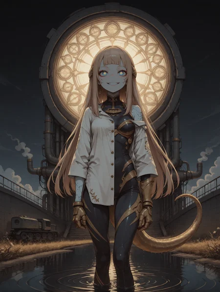 masterpiece,best quality,amazing quality,very aesthetic, mesugaki, haiz_ai, no lineart,no outline, HassaKu_illu, anime screencap, anime coloring, re4lity_sync_illu, S4bit4mago_illu, wasabi_natsume_illu, AmdrewXL, (character focus, close up:1.2),  Flat vector illustration, flat color, digital illustration, vintage dirt, eerie, 
Sunny day,  dark theme,  
soft lighting, shadows, soft shadows, Chiaroscuro Lighting, Broad lighting, long shadows,, 
1girl, (solo:1.6), impossible hair, impossible long hair, half_updo hair, diagonal_bangs, circle shaped pupils, blue eyes, crazy, smiling, mature,   light brown hair,   (thin, skinny, petite:1.1),   small breasts, armored gloves, robotic, skin lines, multicolored skin, (2::light cyan skin, colored skin,:1.2), segmented skin, front view, from above,, standing, flying,,    tentacle tail,  
  headwrap,
light green wool asymmetrical Dress shirt, light pink ballistic high slit yoga pants, 
 off shoulder, 
BREAK
dark theme, golden, patterns, cosmic, fog, mist, smoke, gradient, asymmetric, mismatched, wallpaper, wall,  
plastic bulky walls,     heavy sky, clouds, stairs, boxes, 
Massive cranes, steam vents, factory chimneys, large machines, metal, metal pipes, large forklifts, small hazard lights, oily puddles,Towering stained-glass windows, river, Exterior, river, clear waterm smooth rocks, tall trees, reflections, ripples, splashes, wildflowers, grass, shore,Gnarled trees, 
<lora:NOOB_vp1_detailer_by_volnovik_v1:3> <lora:add-detail-xl:3> <lora:DetailedPerfect_hands_r1:1> <lora:feet_anime_pony_v2:1> <lora:S4bit4mago:0.7> <lora:xl_more_art-full_v1:0.2> <lora:anime_screencap:0.3> <lora:Granblue Fantasy XLV2:0.2> <lora:Sinozick_style:0.4> <lora:LineArt Grey [LoRA] - Illustrious-XL v0.1:0.3> <lora:Gothic_Grain_Illustrious:0.2> <lora:ppw_v7_Illuv1.0_1_r2:0.4>